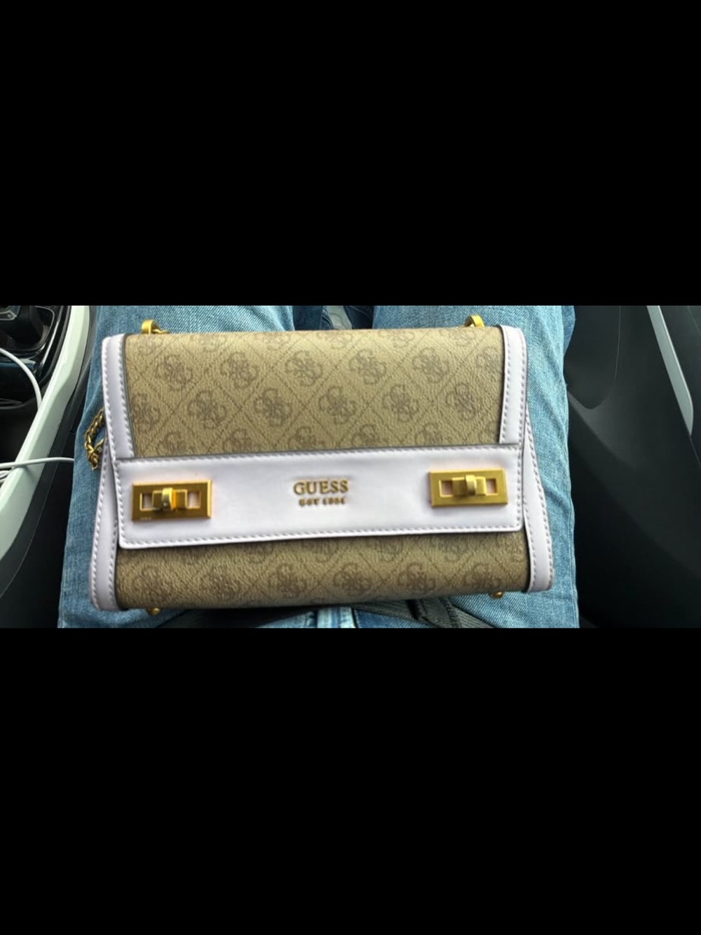 GUESS Beige Monogram Crossbody with White Trim and Gold Hardware